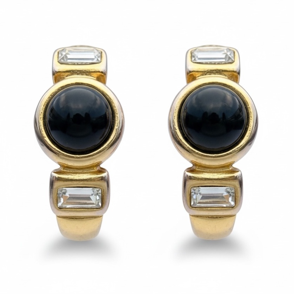 Vintage Black Cabochon Rhinestone Clip Earrings Gold Hoop Earrings Minimalist
